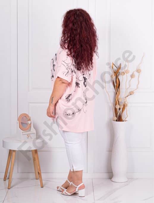 Дамска макси туника с V деколте и нежен десен на цветя-пудра-код 2024-1
