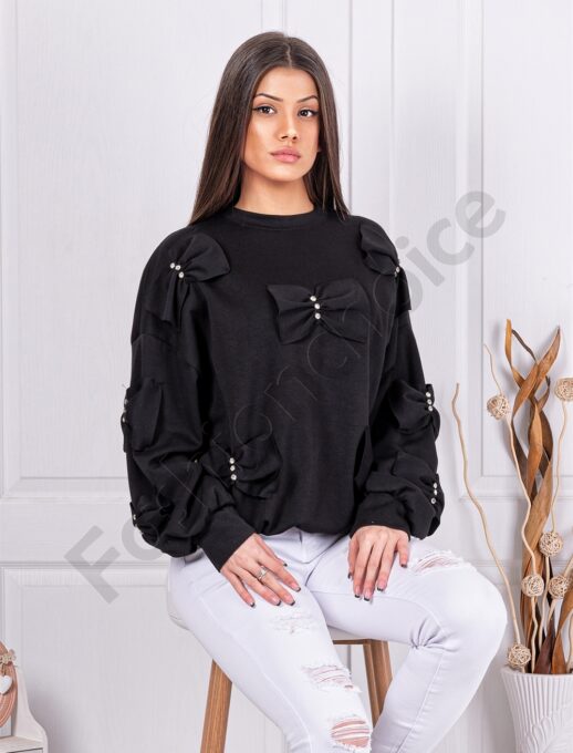Дамска Oversize блузка с панделки и камъчета-черно-код 8993