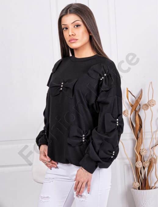 Дамска Oversize блузка с панделки и камъчета-черно-код 8993