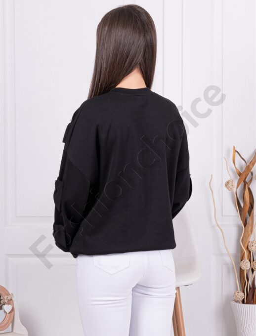Дамска Oversize блузка с панделки и камъчета-черно-код 8993