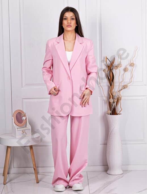 Дамски Oversize сет от сако и панталон на райе-розово-код 3699-3