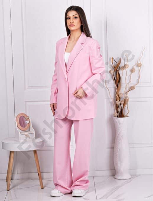 Дамски Oversize сет от сако и панталон на райе-розово-код 3699-3
