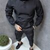 Мъжки спортен комплект от тънък шушляк с горнище тип худи-черно-код 0078