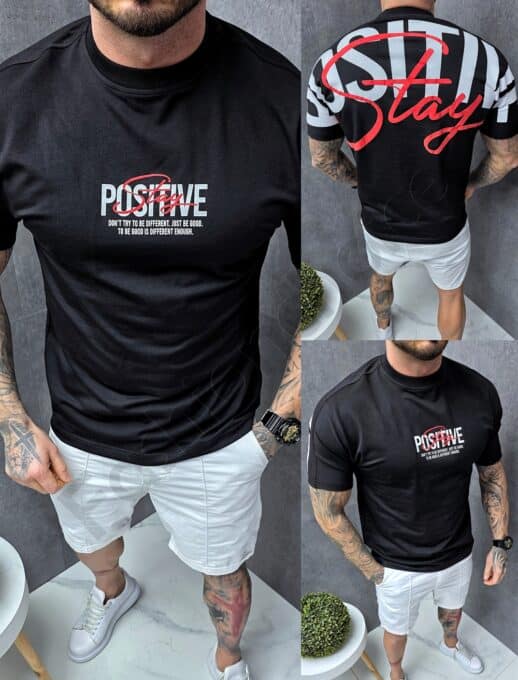 Mъжка тениска с надпис Stay Positive отпред и на гърба-черно-код 173