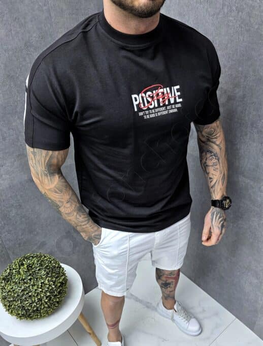 Mъжка тениска с надпис Stay Positive отпред и на гърба-черно-код 173
