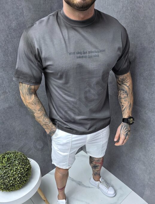 Mъжка тениска с ефектен дизайн и голям надпис на гърба-антрацит-код 270-3