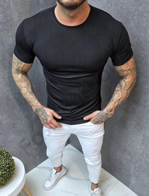 Mъжка изчистена тениска casual style от релефна материя-черно-код 252435