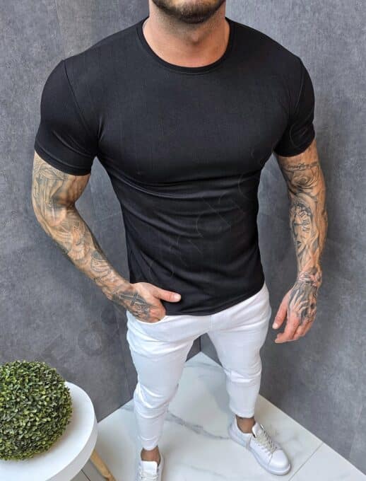 Mъжка изчистена тениска casual style от релефна материя-черно-код 252435