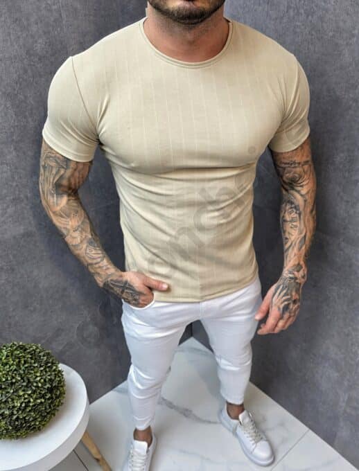 Mъжка изчистена тениска casual style от релефна материя-капучино-код 252435-1