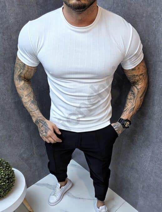 Mъжка изчистена тениска casual style от релефна материя-бяло-код 252435-2