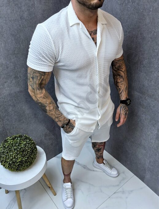 Летен мъжки комплект от релефна материя с риза-бяло-код 1689-1