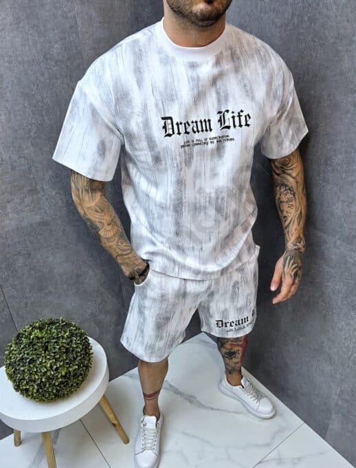Мъжки летен комплект с преливащ ефект и надпис Dream Life-бяло-код 265-1