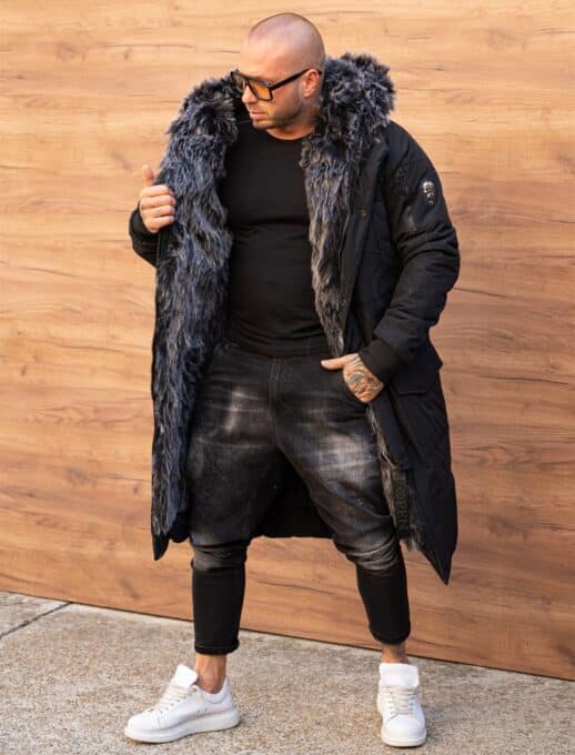 Мъжка дълга зимна парка с богат косъм-черно-код 3701