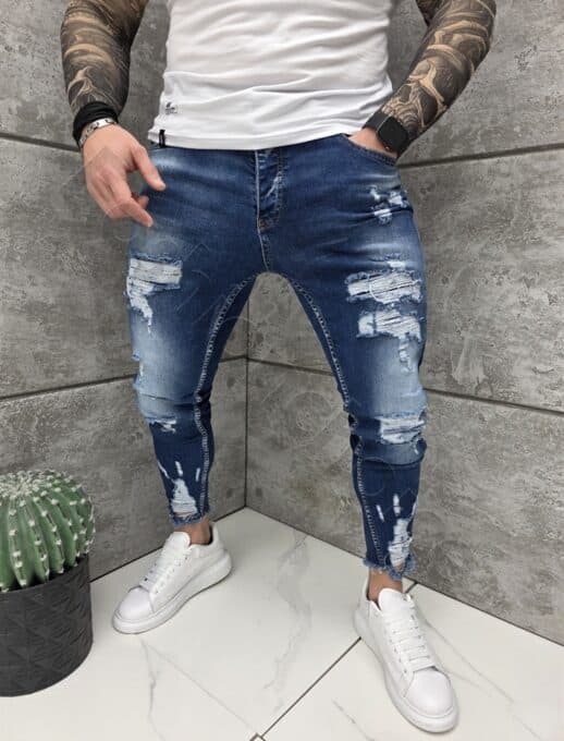 Мъжки тъмносини Skinny дънки с надран ефект и кръпки-код 4928