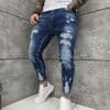 Мъжки тъмносини Skinny дънки с надран ефект и кръпки-код 4928