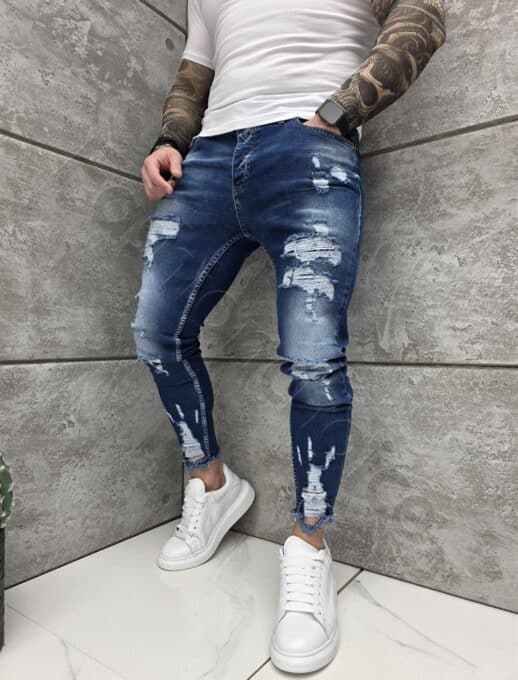 Мъжки тъмносини Skinny дънки с надран ефект и кръпки-код 4928