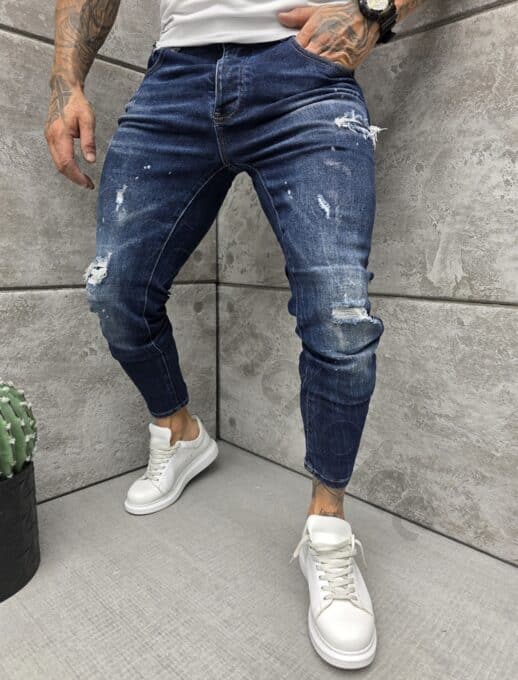 Мъжки сини Skinny fit дънки с накъсан ефект и кръпки /33-40/-код 7119