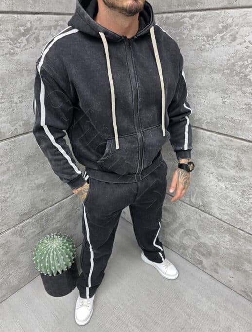 Плътен мъжки Oversize комплект с бели кантове-черно-код 075