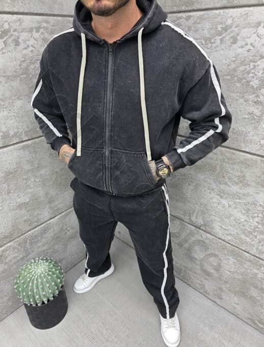 Плътен мъжки Oversize комплект с бели кантове-черно-код 075