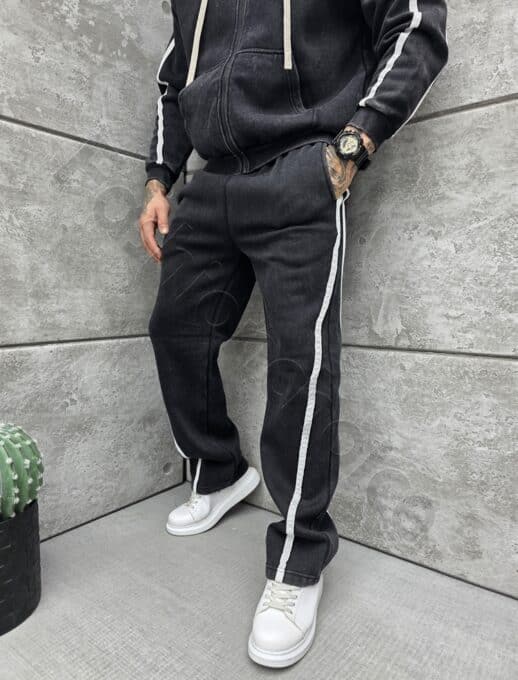 Плътен мъжки Oversize комплект с бели кантове-черно-код 075