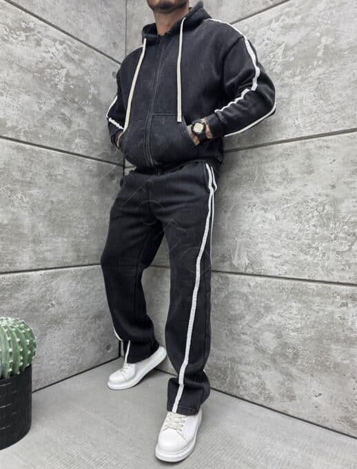 Плътен мъжки Oversize комплект с бели кантове-черно-код 075