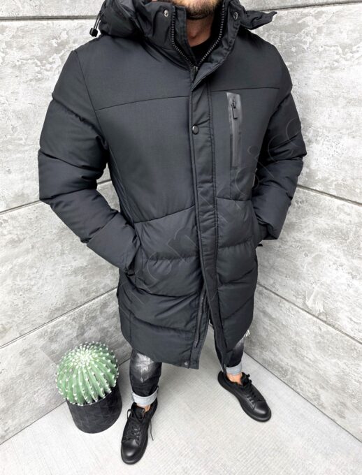 Мъжко зимно дълго яке с висока яка и качулка-черно-код 1354