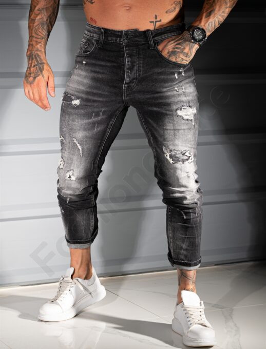 Мъжки черни Skinny fit дънки с изтъркан ефект и сиви кръпки-код 8090