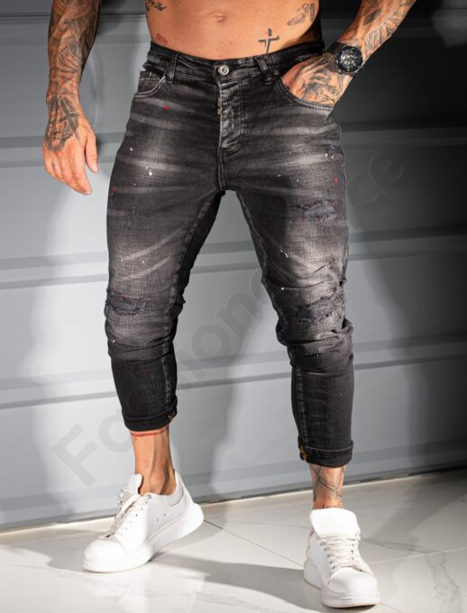 Мъжки черни Slim Fit дънки разнищени с пръски-код 957