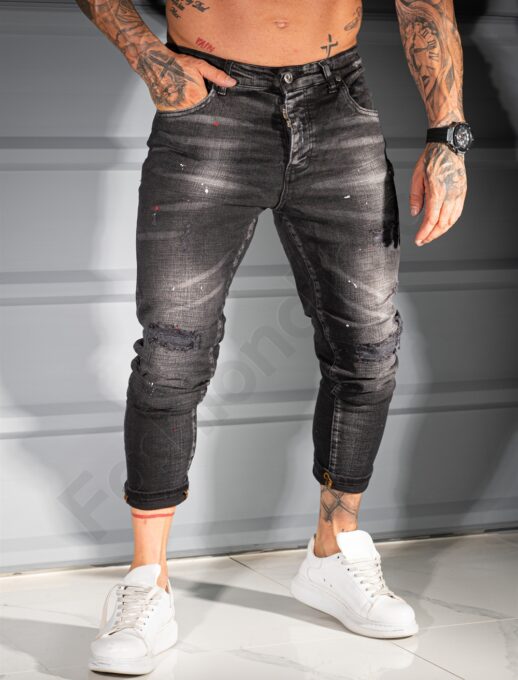 Мъжки черни Slim Fit дънки разнищени с пръски-код 957