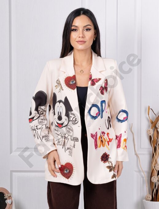 Стилен дамски блейзър в десен на надписи и Mickey Mouse-код 10398-2