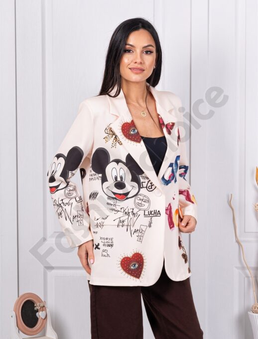 Стилен дамски блейзър в десен на надписи и Mickey Mouse-код 10398-2