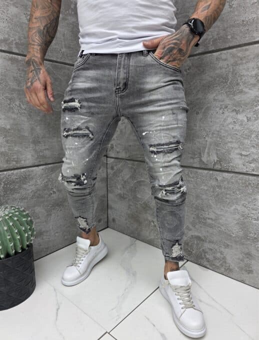 Мъжки сиви Skinny дънки с накъсване и бели пръски-код 1117