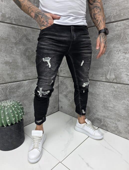 Мъжки черни Skinny дънки с накъсване и бели пръски-код 1082