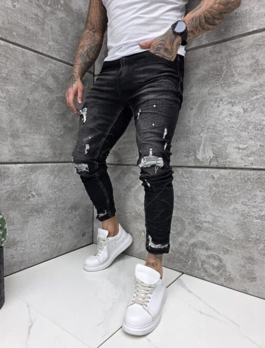 Мъжки черни Skinny дънки с накъсване и бели пръски-код 1082