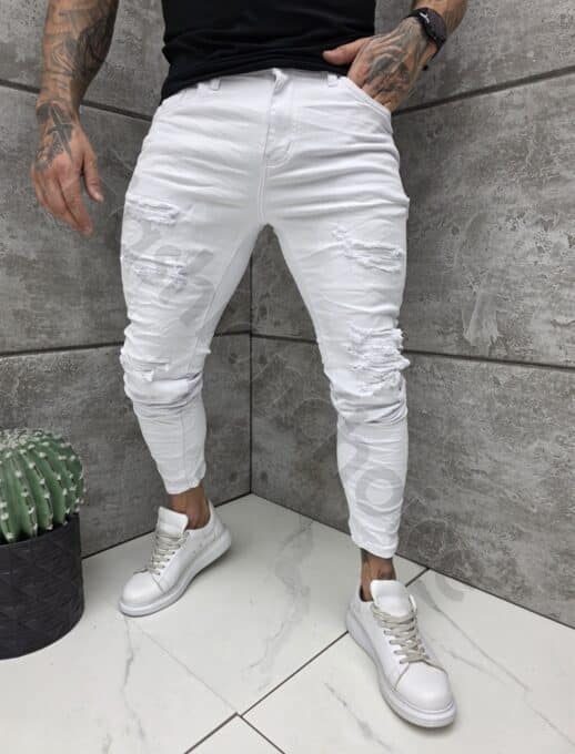 Мъжки бели Skinny fit дънки с накъсан ефект-код 1155