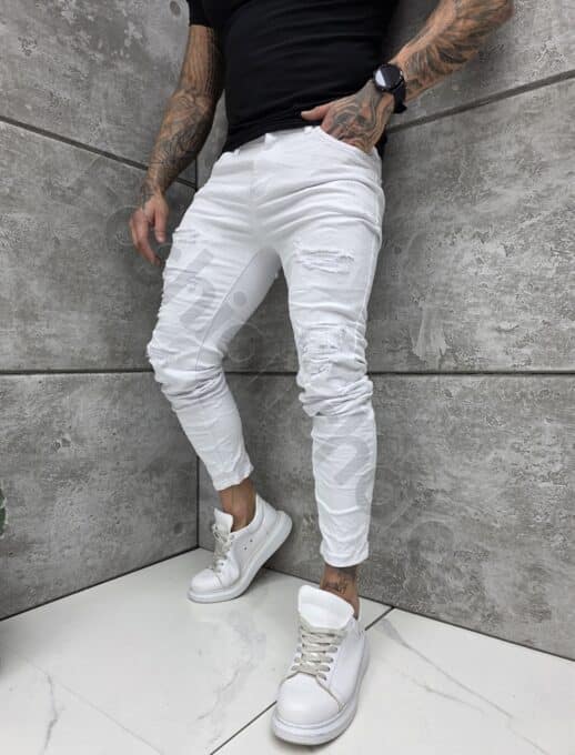 Мъжки бели Skinny fit дънки с накъсан ефект-код 1155