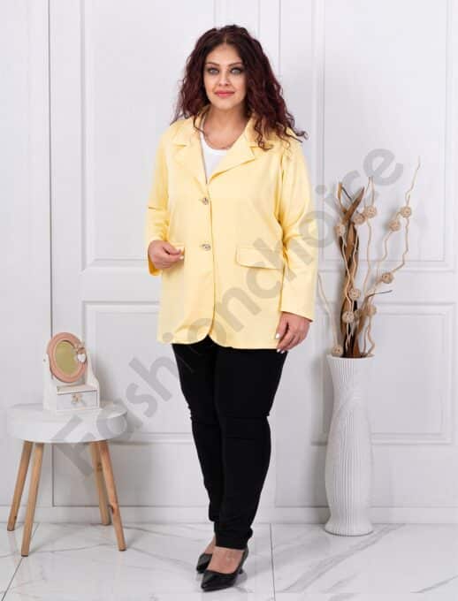 Спортно-елегантно макси трикотажно сако с двоен ревер-жълто-код 24487-2