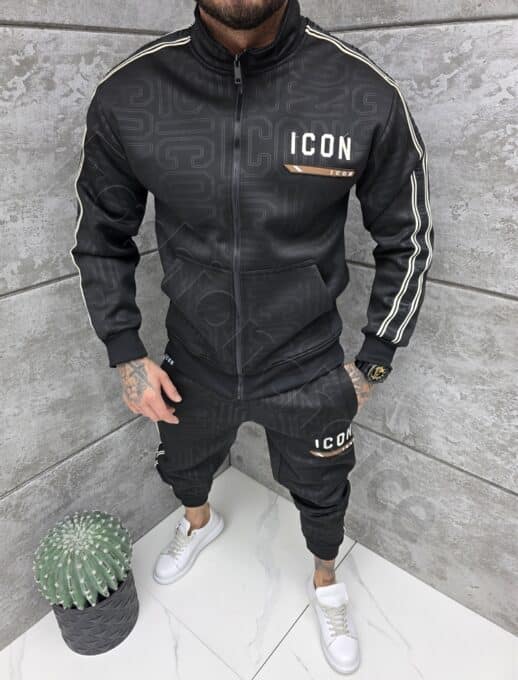 Мъжки спортен комплект с контрастен кант и бродерия ICON-черно-код 6138