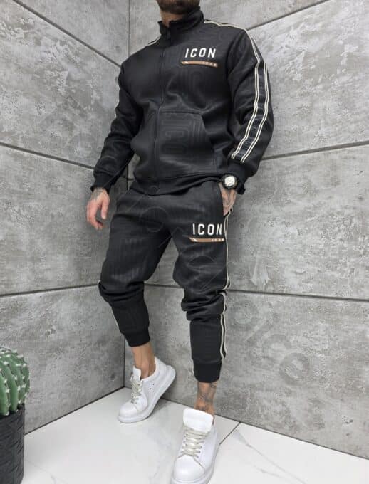Мъжки спортен комплект с контрастен кант и бродерия ICON-черно-код 6138