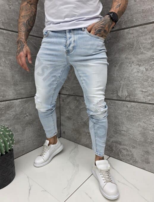 Мъжки светлосини Skinny fit дънки с изтъркан ефект и накъсване-код 8344