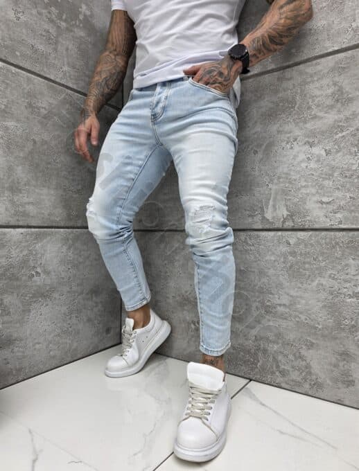 Мъжки светлосини Skinny fit дънки с изтъркан ефект и накъсване-код 8344