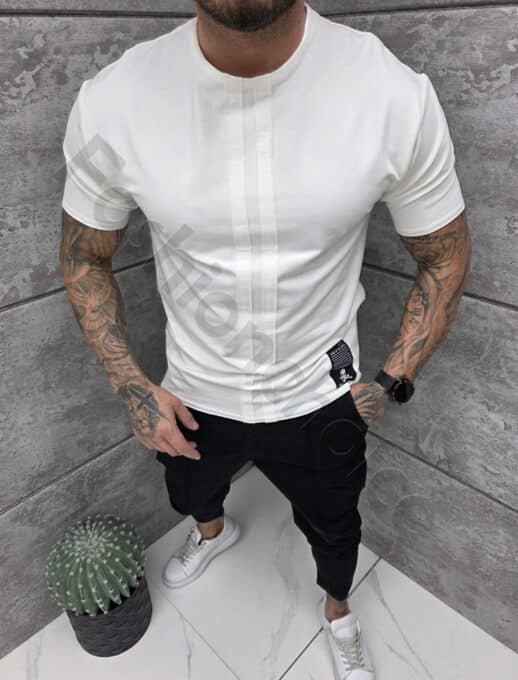 Mъжка Oversize тениска с кожена емблема-екрю-код 25248-1