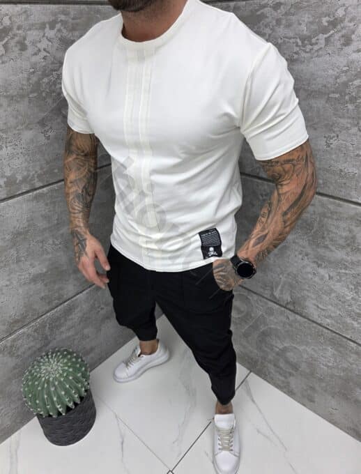Mъжка Oversize тениска с кожена емблема-екрю-код 25248-1