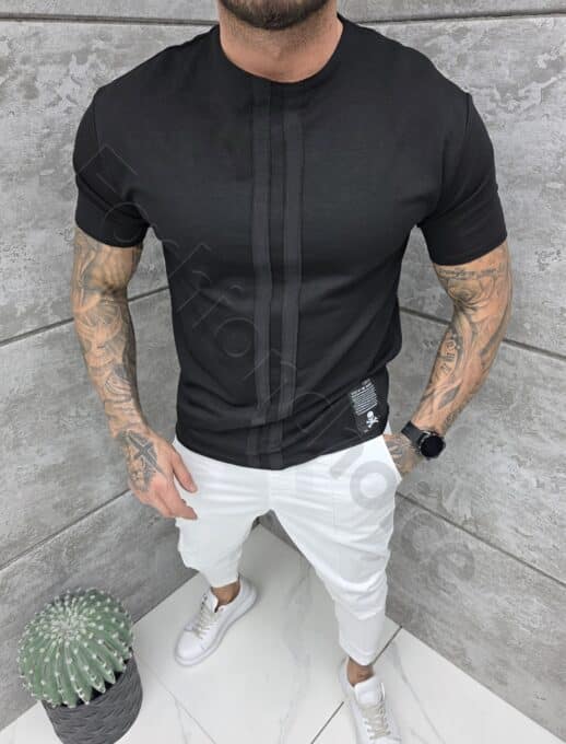 Mъжка Oversize тениска с кожена емблема-черно-код 25248