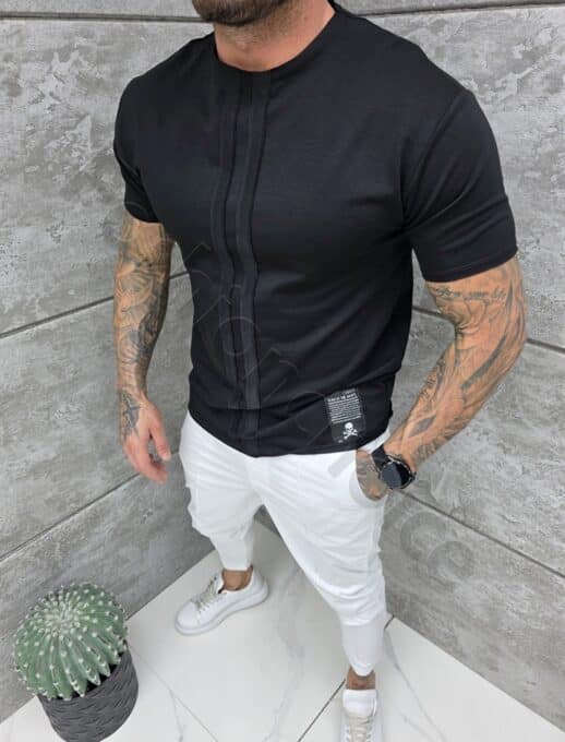 Mъжка Oversize тениска с кожена емблема-черно-код 25248