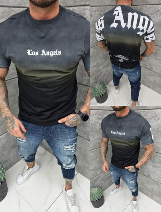 Mъжка Oversize тениска с преливащ десен и надпис Los Angels-черно-код 2575