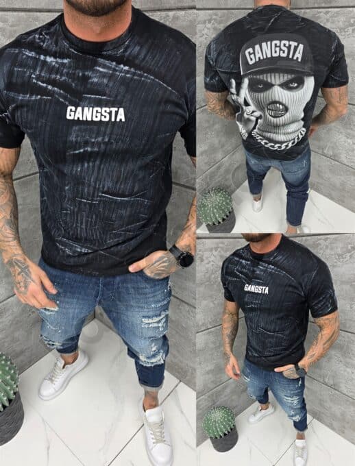 Mъжка Oversize тениска с надпис Gangsta и голяма щампа на гърба-черно-код 2533