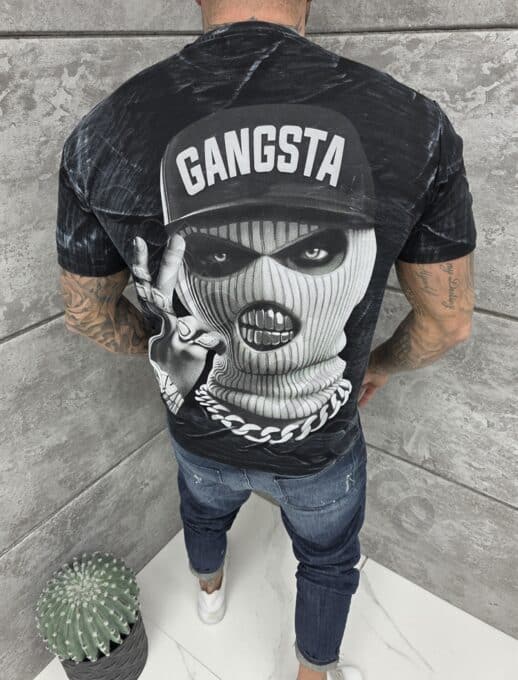 Mъжка Oversize тениска с надпис Gangsta и голяма щампа на гърба-черно-код 2533