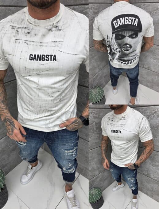 Mъжка Oversize тениска с надпис Gangsta и голяма щампа на гърба-екрю-код 2533-1