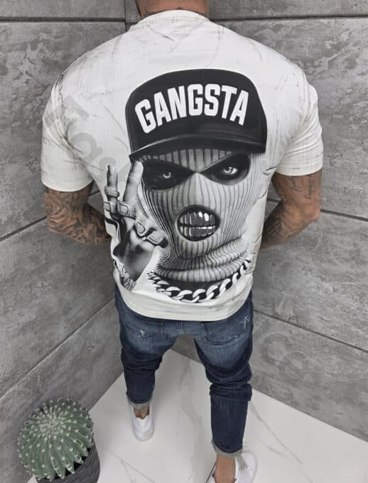 Mъжка Oversize тениска с надпис Gangsta и голяма щампа на гърба-екрю-код 2533-1
